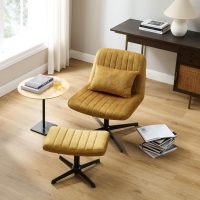 Art Leon Criss Cross Chair - with Footstool and Lumbar Pillow, Armless Office Desk Chair No Wheels, Modern Swivel Height Adjustable Wide Seat Computer Task Vanity Chair, Yellow Brown Velvet Tufted - Image 7