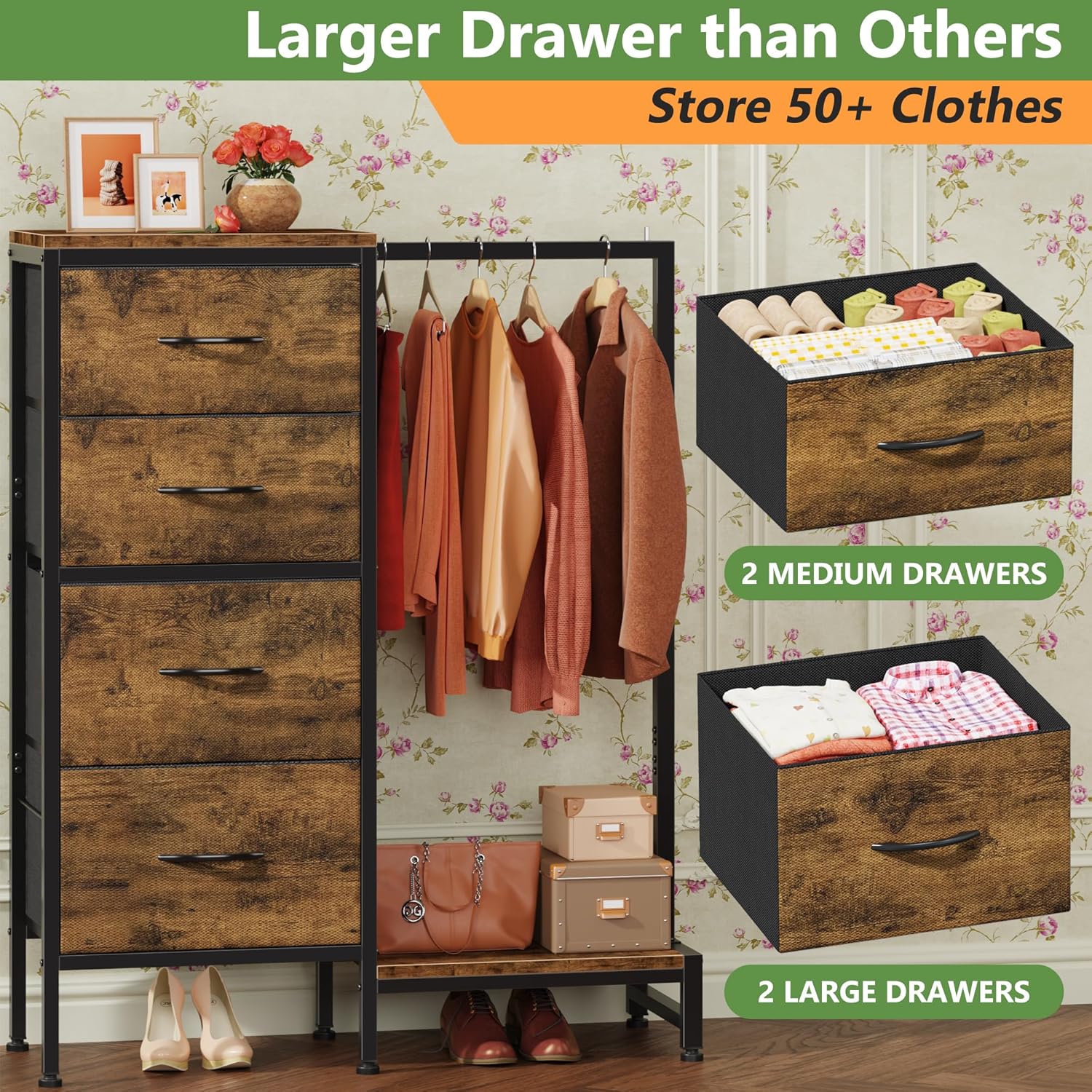 Dresser with Hanging Rack, 4 Drawers Small Closet for Bedroom, Reversible Fabric Kids Chest of Drawers with Clothes Rack, Tall Storage Tower, Sturdy Frame, Rustic Brown, 44''H - Image 6