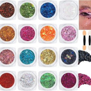 16 Colors Chunky Fine Mixed Holographic Glitter Gel Set for Face and Body Makeup Festival Party Sparkle Glitter Gel Decoration Rave Accessories