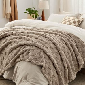 Bedsure Comforter Queen Size 5 Pieces - Queen Size Comforter Set with Checkered Throw Blanket and Decorative Pillow, Lightweiget Bedding, All Season Bedding Sets, Linen Beige