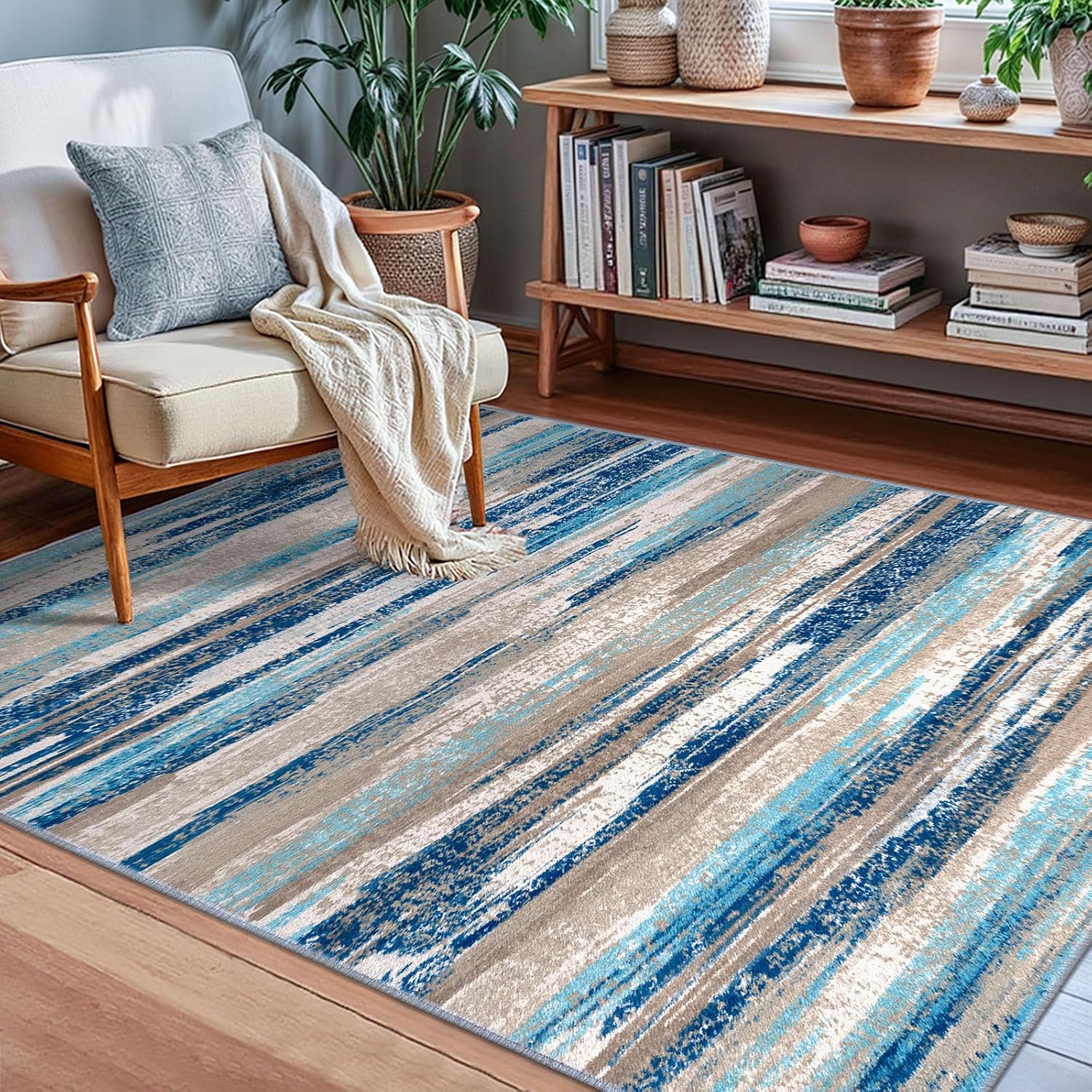 Modern Abstract Small Area Rug Indoor 3x5 Washable Rug Non-Slip Soft Entryway Rug Blue Kitchen Mats Thin Print Faux Wool Floor Carpet Throw Rugs for Entrance Bedroom Office Home Decor - Image 2
