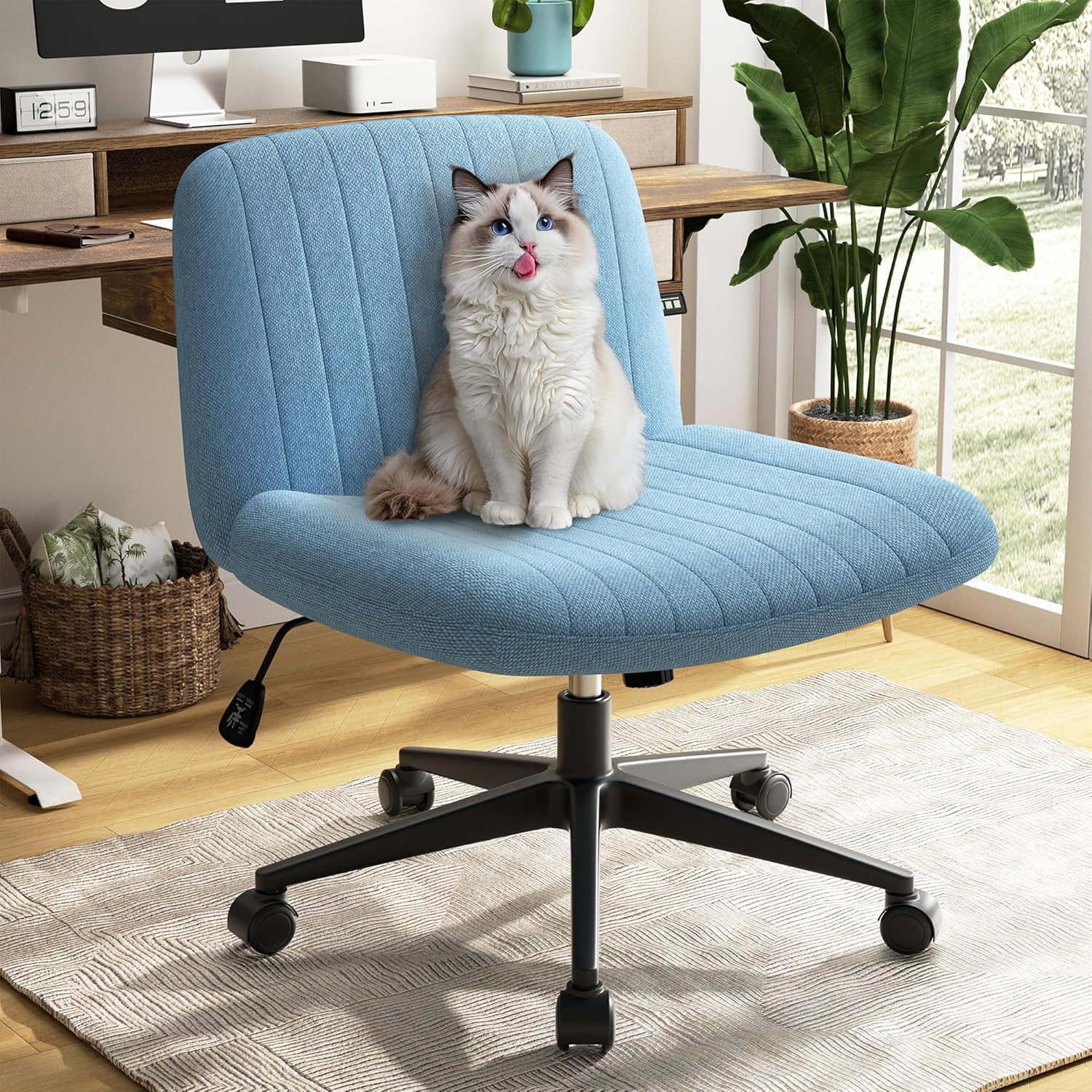 SUNLEI Cross Legged Office Chair with Wheels, Armless Wide Chair’s for Vanity Desk, Criss Cross Comfy Chairs with Back, Desk Chair/s of Height Adjustable Swivel, Blue