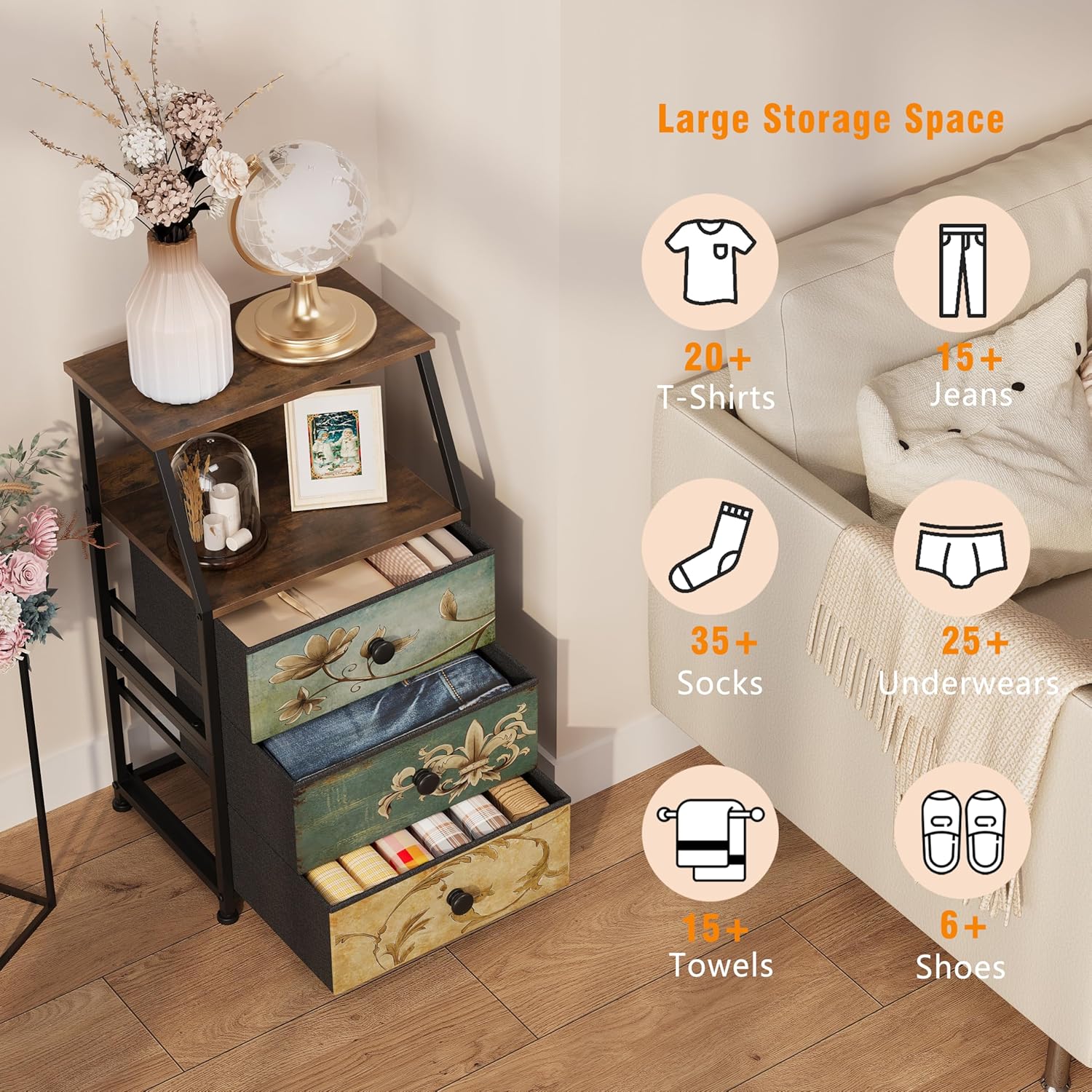 Tohomeor Dresser with Fabric Drawers Nightstand with 2 Tier Shelf Storage Tower for Bedroom Hallway Entryway Closet Organizer Sofa Beside Table Furniture (Multi, 3 Drawers) - Image 4