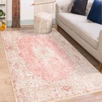 Pink Rug 3x5,Washable Area Rugs for Bedroom Living Room Kitchen Entryway,Small Boho Vintage Bohemian Distressed Non Slip Carpet,Blush - Image 2