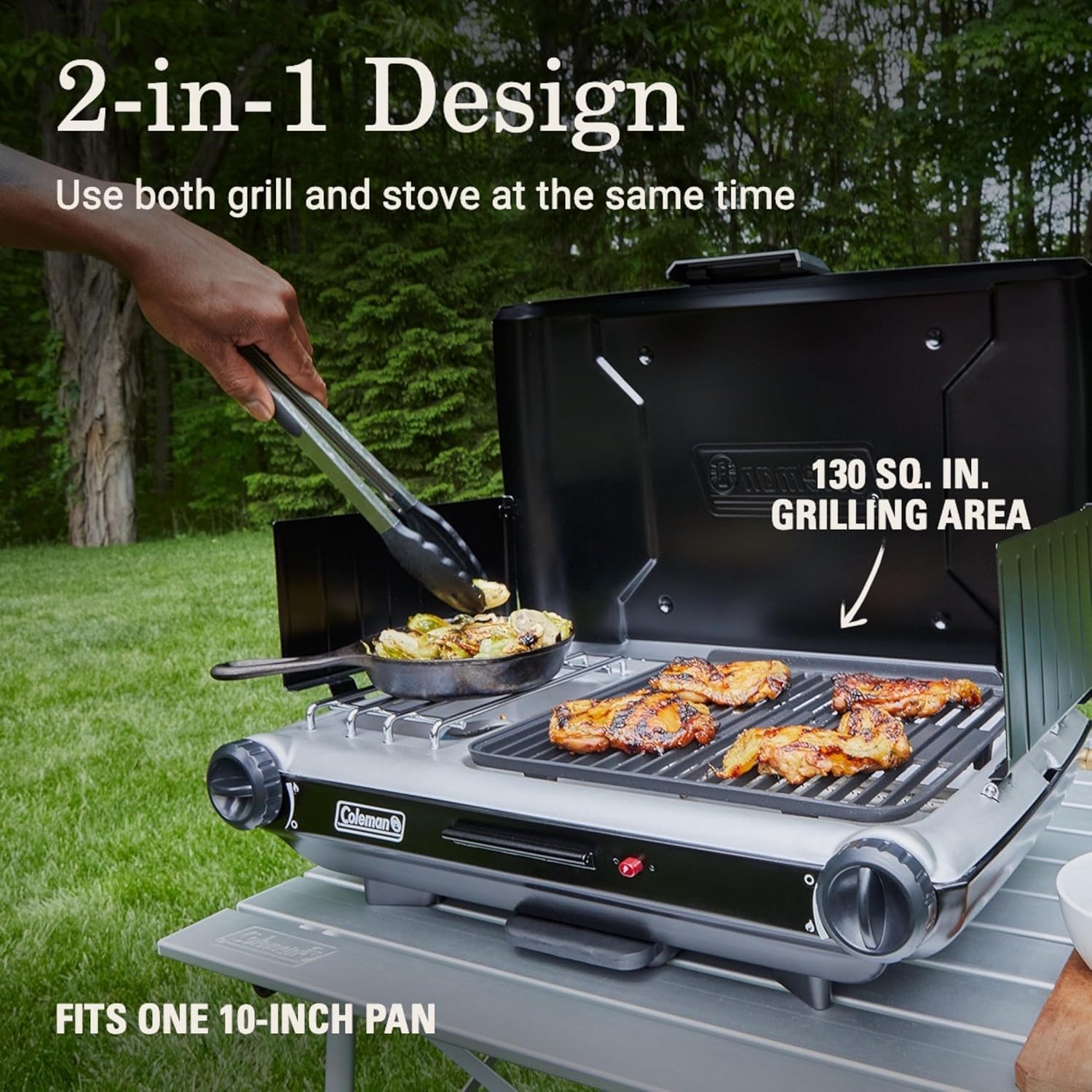 Coleman Tabletop 2-in-1 Grill & Stove with 2 Adjustable Burners, Propane Grill/Stove with Push-Button Starter, Wind Guards, Grease Tray, & 20,000 BTUs of Power for Camping, Tailgating, & More - Image 2