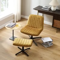 Art Leon Criss Cross Chair - with Footstool and Lumbar Pillow, Armless Office Desk Chair No Wheels, Modern Swivel Height Adjustable Wide Seat Computer Task Vanity Chair, Yellow Brown Velvet Tufted - Image 8