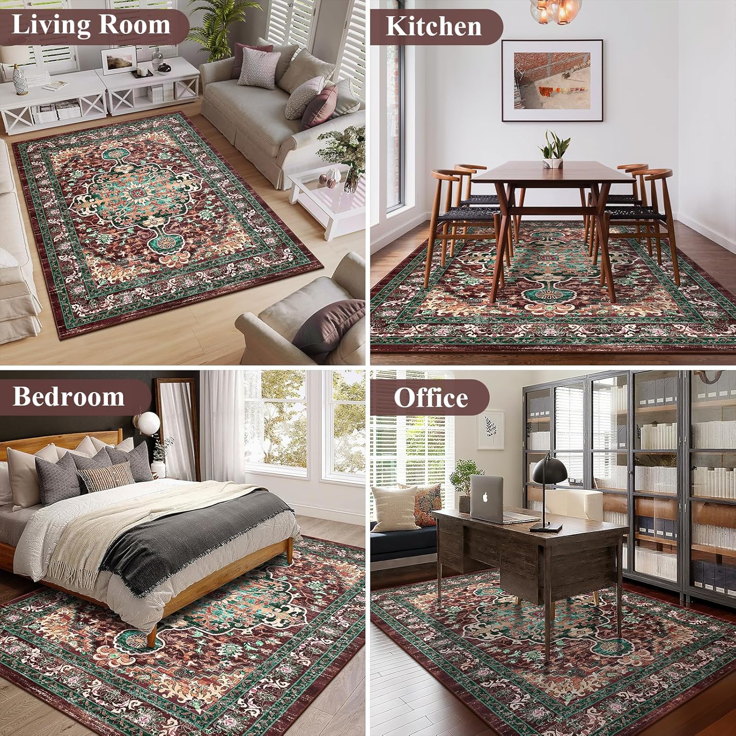 U'Artlines Boho Vintage Area Rug 5x7 Machine Washable Low Pile Ultra-Thin Soft Floor Carpet Non Slip Non Shedding Accent Rug for Living Room Bedroom Entryway Dining Room Office(Rust&Teal) - Image 5