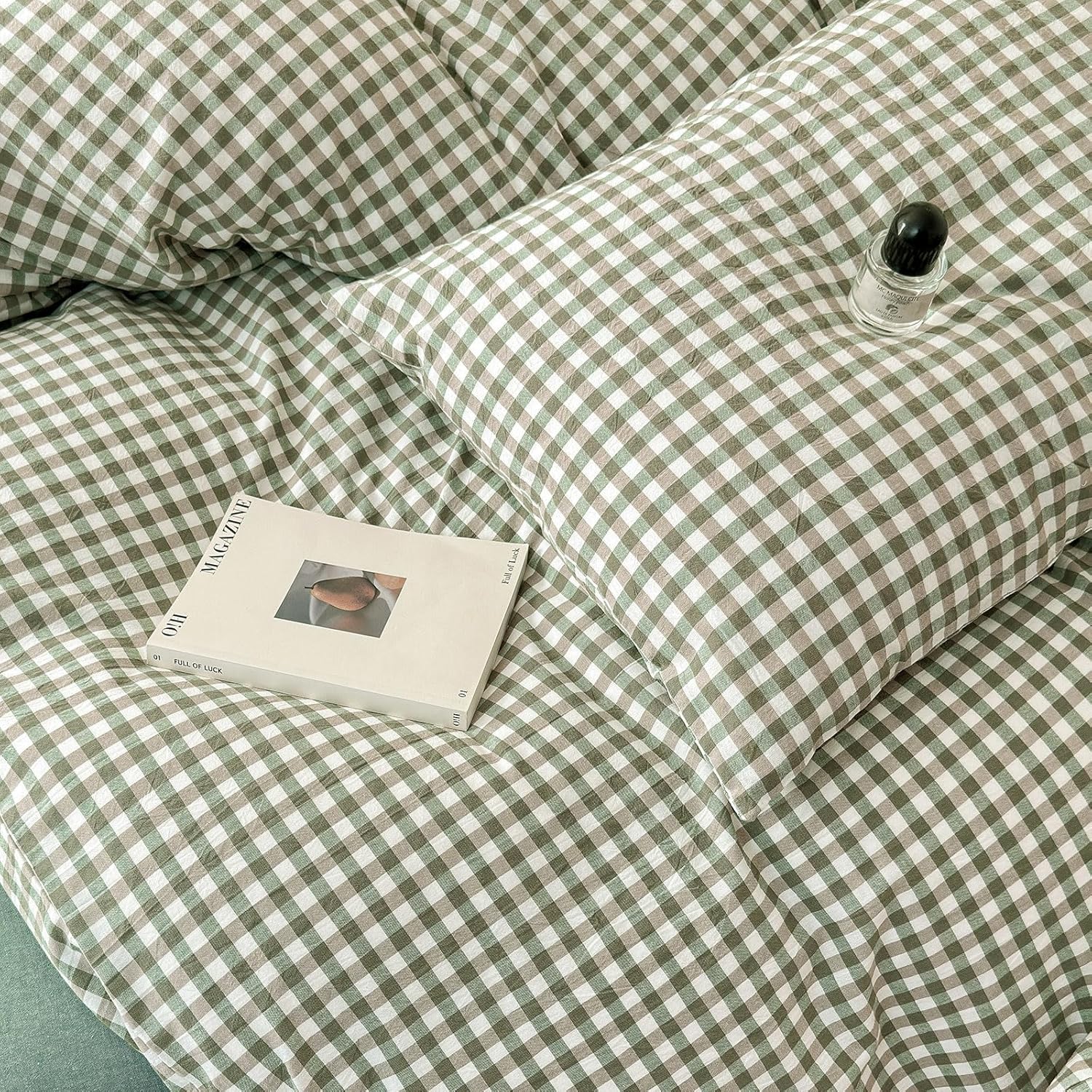 Queen Comforter Set Green Gingham Comforter Modern Style Checkered Pattern Comforter Set Boho Grid Plaid Bedding Comforter Lightweight Fluffy Soft Grid Bedding Set Queen Size Breathable - Image 7