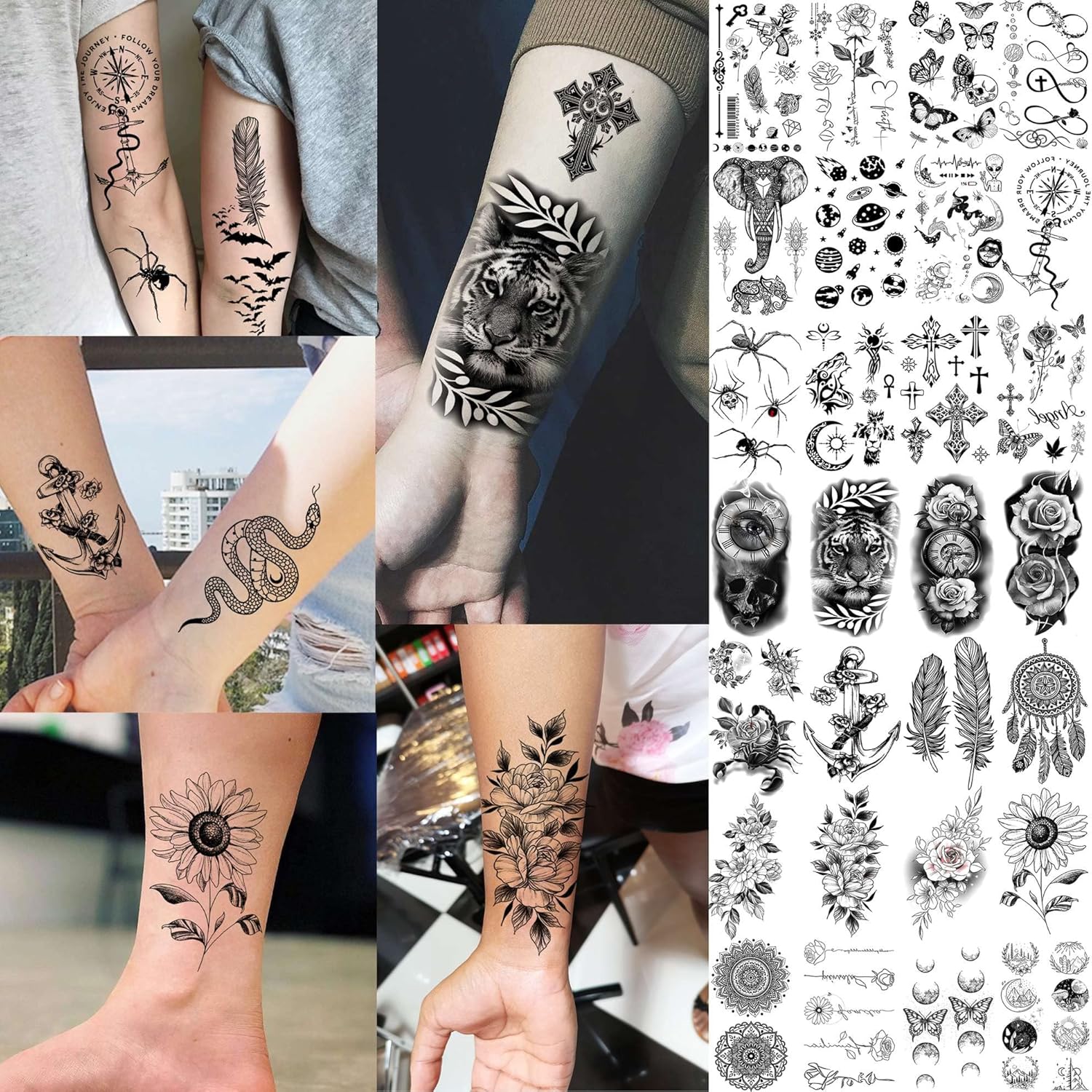 64 Sheets Long Lasting Flower Temporary Fake Tattoos For Women Arm Neck, Jellyfish Sunflower Moon Rose For Adults Girl, 3D Temp Realistic Snake Tatoo Stickers Serpent Peony Floral Kids - Image 6