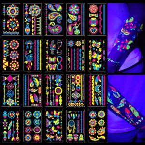 Glow in the Dark Tattoos 172 PCS – Glow in the Dark Party Supplies, Neon Body Paint Be UV Blacklight Reactive Face Temporary Tattoos for Adults, Teens | Neon Accessories, Party Favors & Decorations