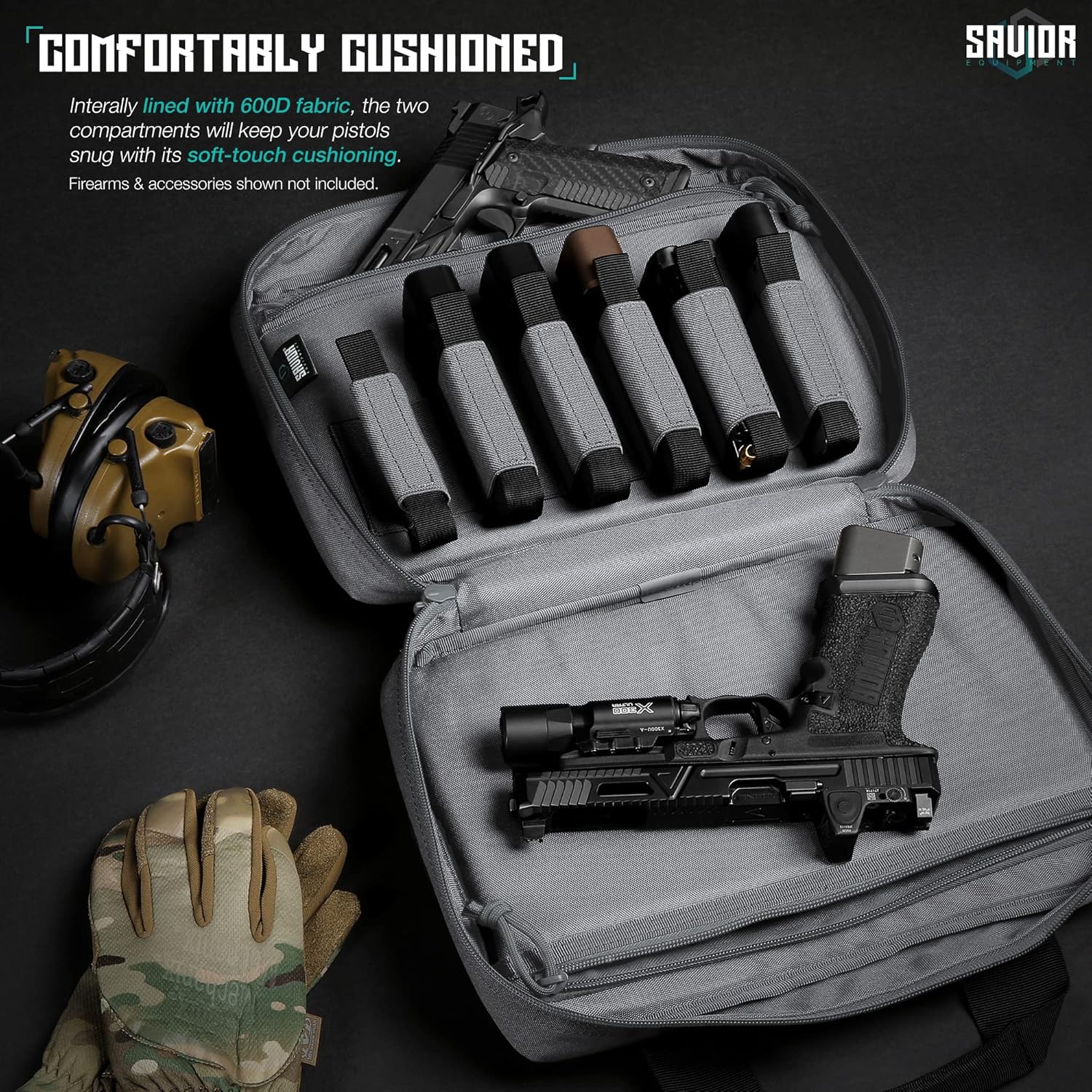 Savior Equipment Specialist Series Tactical Double Scoped Handgun Firearm Case Pistol Bag for Outdoor Hunting Shooting Range, Lockable Compartment, Additional Magazine Storage Slots - Image 3