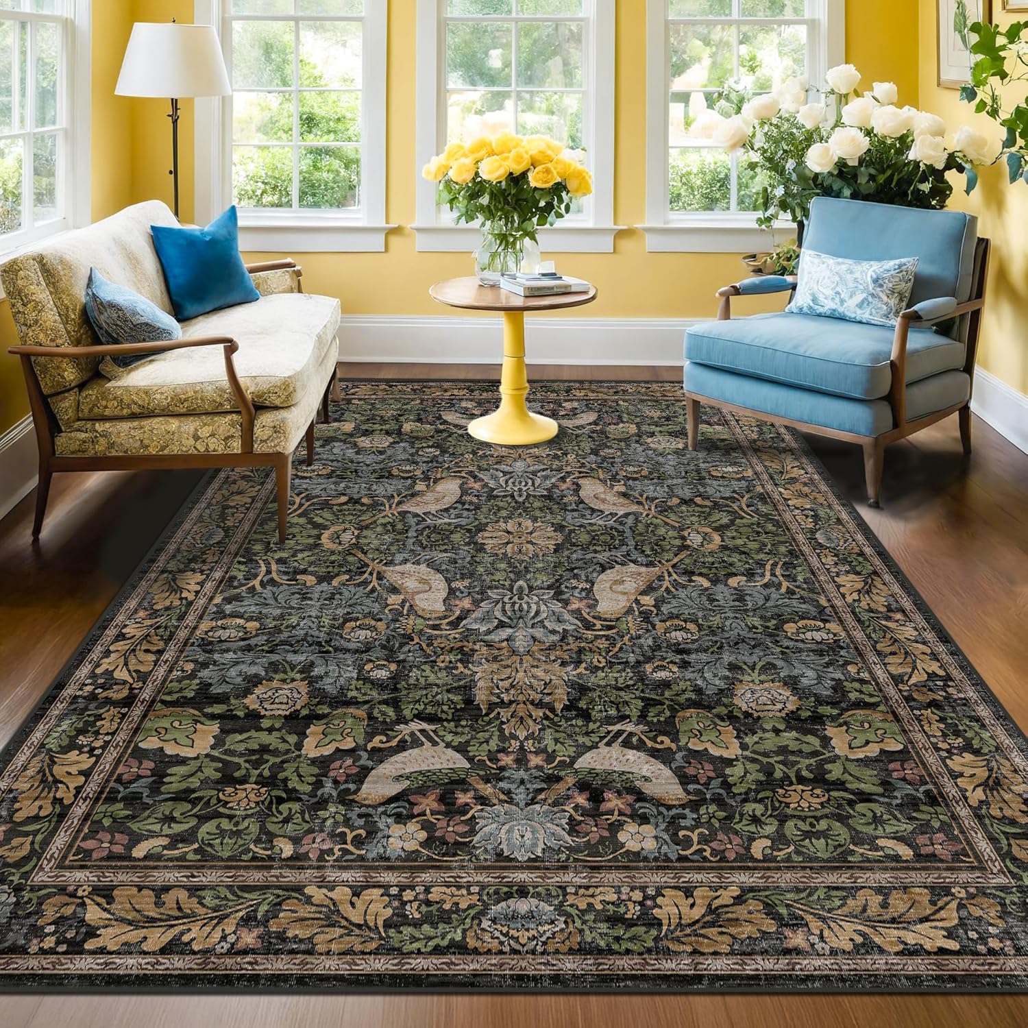 Vintage Floral Area Rug 5x7 for Living Room - Dark Green Forest Bird Rugs for Bedroom, Dinning Room, Office, Non Slip Stain Resistant Low Pile - Image 7