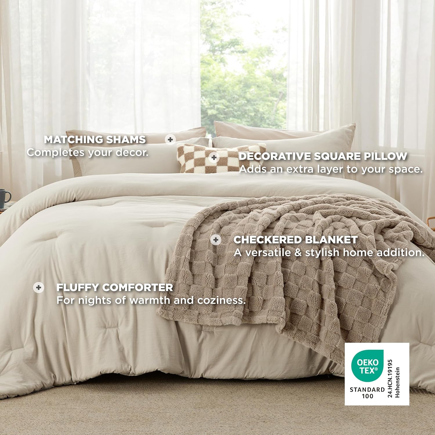 Bedsure Comforter Queen Size 5 Pieces - Queen Size Comforter Set with Checkered Throw Blanket and Decorative Pillow, Lightweiget Bedding, All Season Bedding Sets, Linen Beige - Image 7