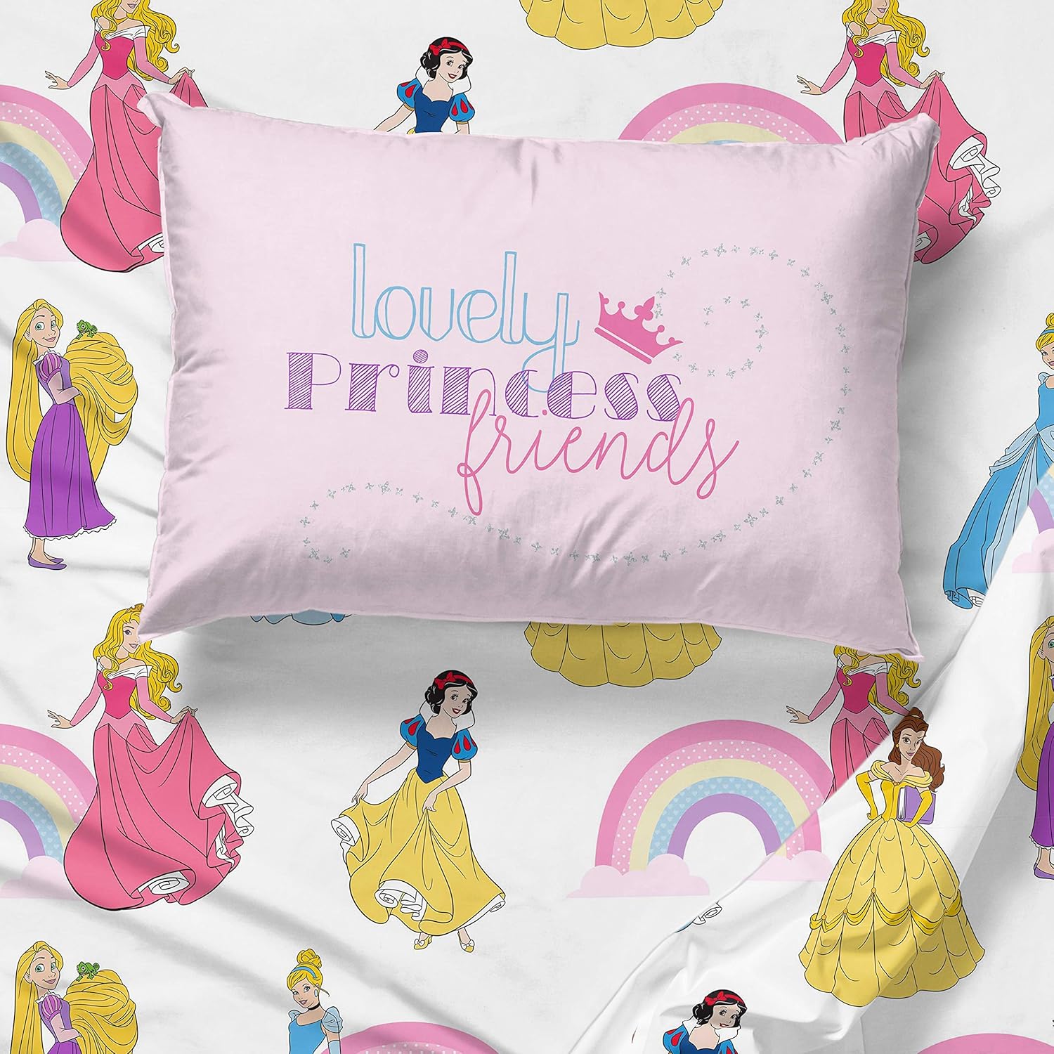 Jay Franco Disney Princess Rainbow 5 Piece Twin Bed Set - Includes Comforter & Sheet Set - Bedding Features Aurora, Belle, & Cinderella - Super Soft Fade Resistant Microfiber - Image 4