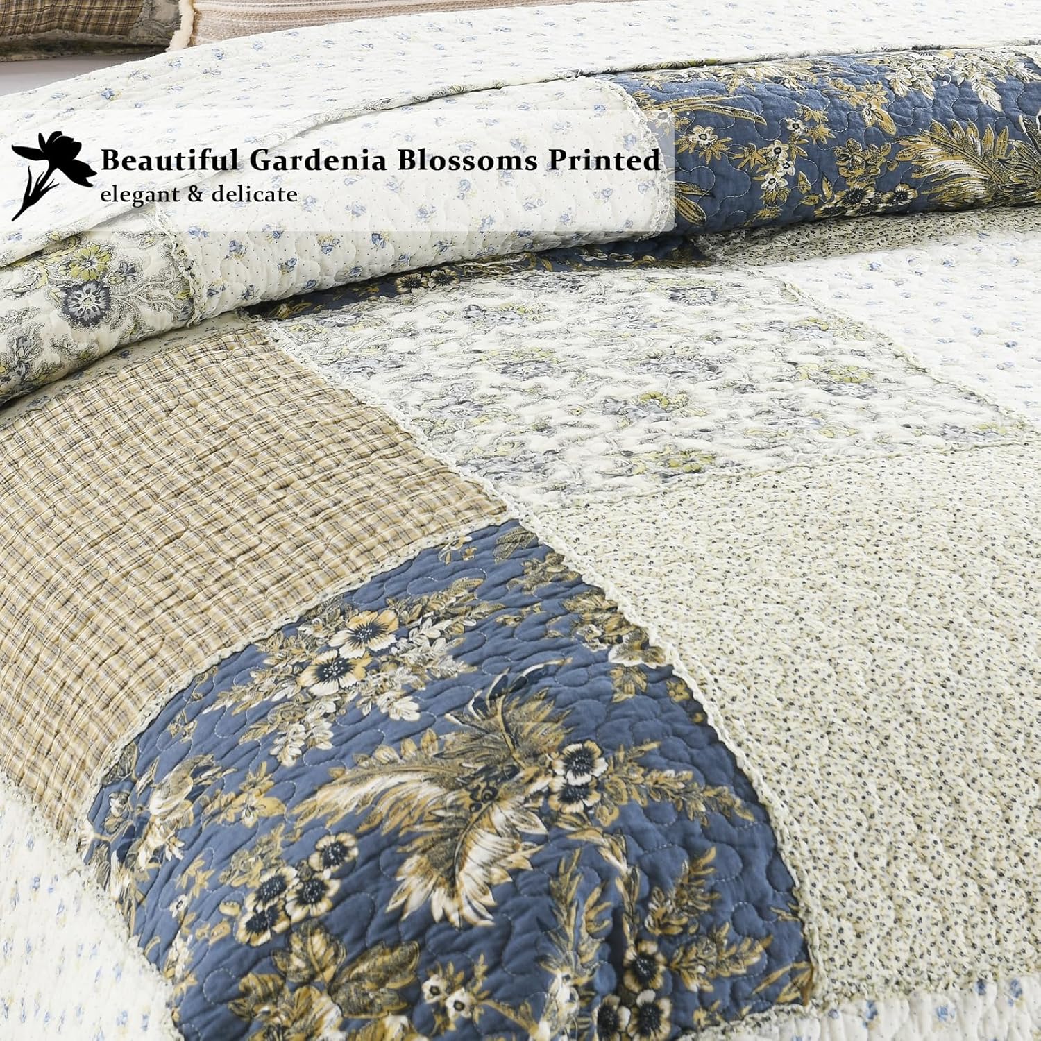 Yvooxny Quilt Set King Size Reversible Country Farmhouse Floral Real Patchwork Quilted Bedspread 3-Piece Quilt Set with Pillowcases with Ruffles for All Seasons, 96 x 108 Inches - Image 6