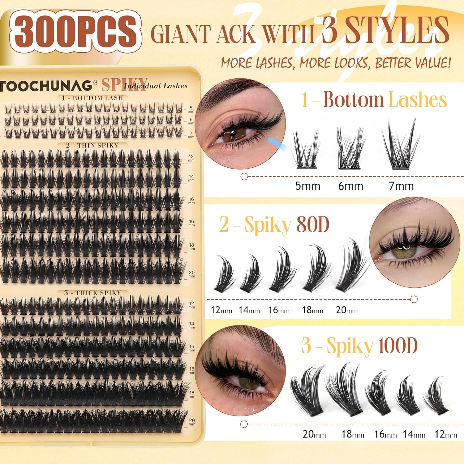 Spiky Manga Lash Clusters 12-20mm Long Eyelash Clusters 80D+100D Cluster Eyelash Extensions with Bottom Lashes Individual Fairy 300pcs Thick Volume DIY Plume Flake Cluster Lash Extension by TOOCHUNAG - Image 3