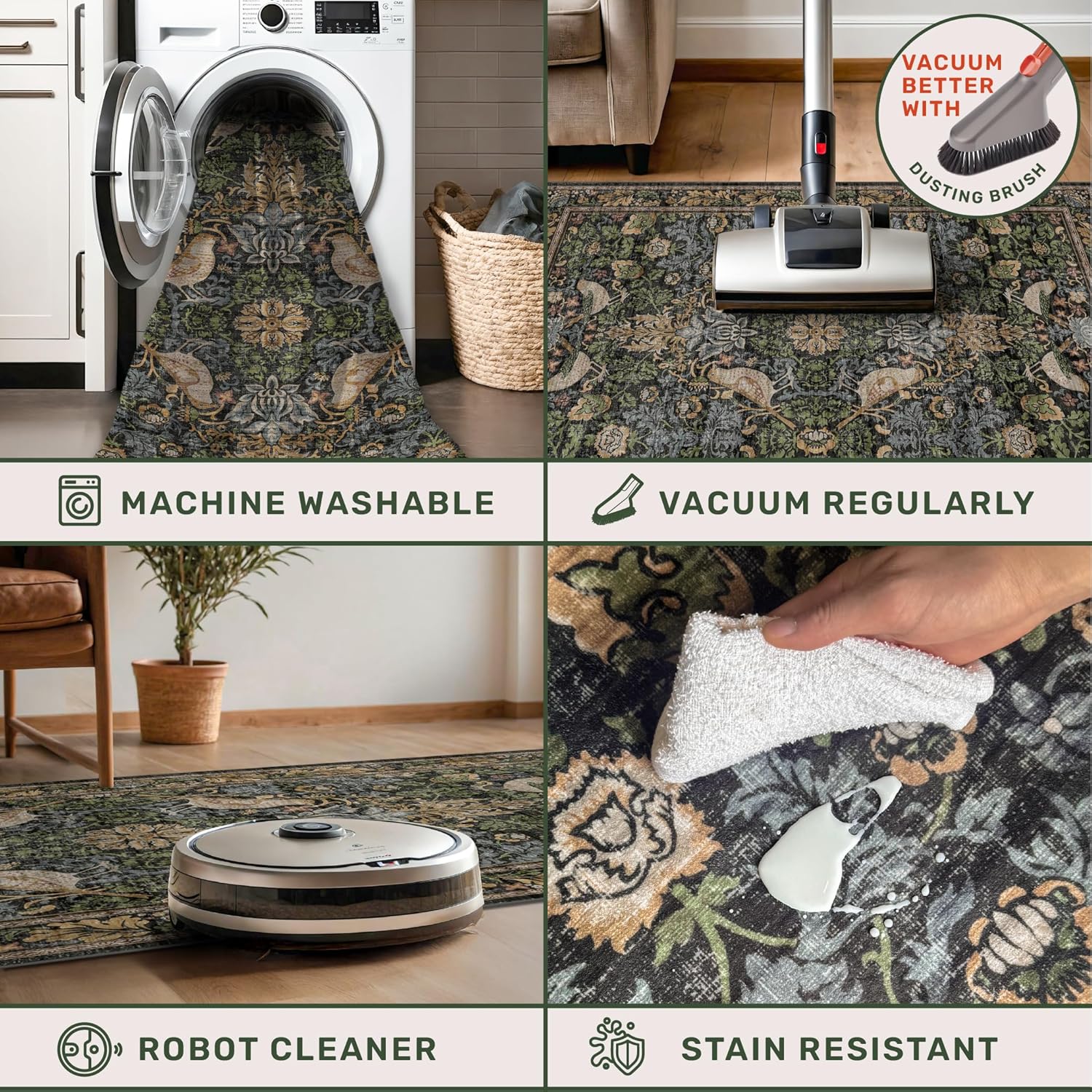 Vintage Floral Area Rug 5x7 for Living Room - Dark Green Forest Bird Rugs for Bedroom, Dinning Room, Office, Non Slip Stain Resistant Low Pile - Image 4