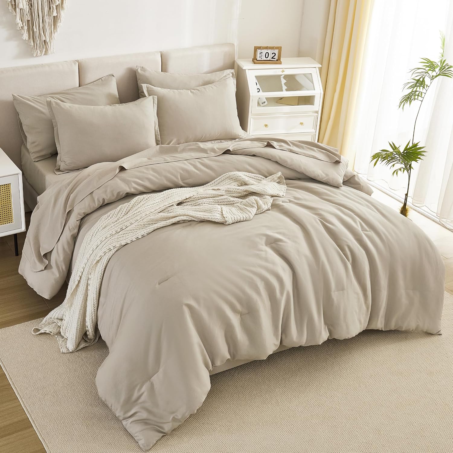 Litanika Comforters Queen Size Set Oatmeal - 7 Pieces Bed in a Bag Queen Bedding Comforter Sets, Plain Lightweight Bed Set with Comforter, Sheets, Pillowcases & Shams - Image 3