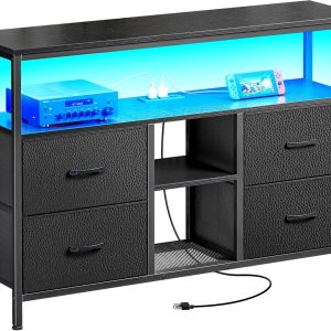 Huuger TV Stand Dresser with Power Outlets and LED Lights, 4 Drawers Entertainment Center with Open Shelf, Media Console for 50 43 Inch TV, Dresser with PU Finish, Black
