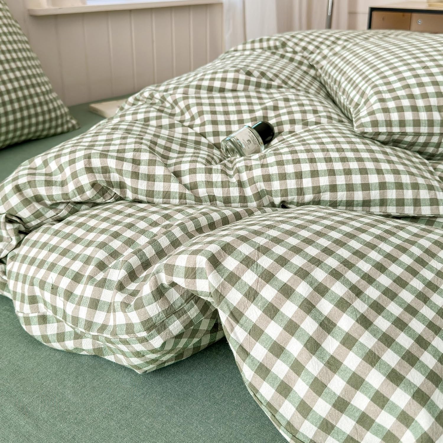Queen Comforter Set Green Gingham Comforter Modern Style Checkered Pattern Comforter Set Boho Grid Plaid Bedding Comforter Lightweight Fluffy Soft Grid Bedding Set Queen Size Breathable - Image 4