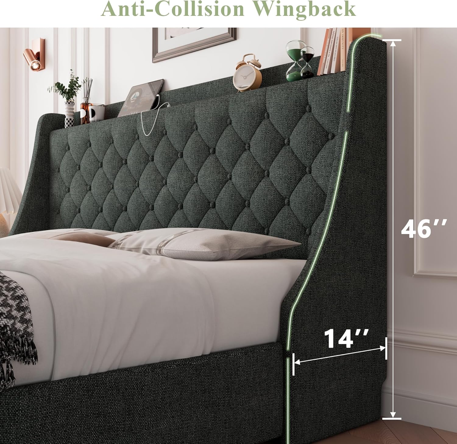 Feonase Queen Bed Frame with 4 Storage Drawers, Upholstered Storage Bed with Charging Station, Tufted Wingback Headboard, No Box Spring Needed, Dark Grey - Image 2
