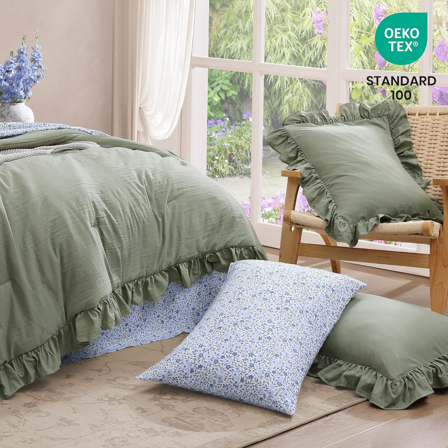Queen Comforter Set - 7 Pieces Ruffle Sage Green Bedding Sets, Shabby Chic Farmhouse Bed in a Bag Queen with Ruffle Comforter, Floral Sheets, Pillowcases & Shams - Image 5