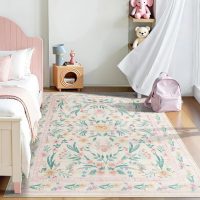 5x7 Pink Floral Nursery Rug,Pink Rugs for Bedroom Girls,Machine Washable Non Slip Soft Faux Wool Carpet,Cute Boho Indoor Area Rugs for Kids Room or Playroom - Image 8