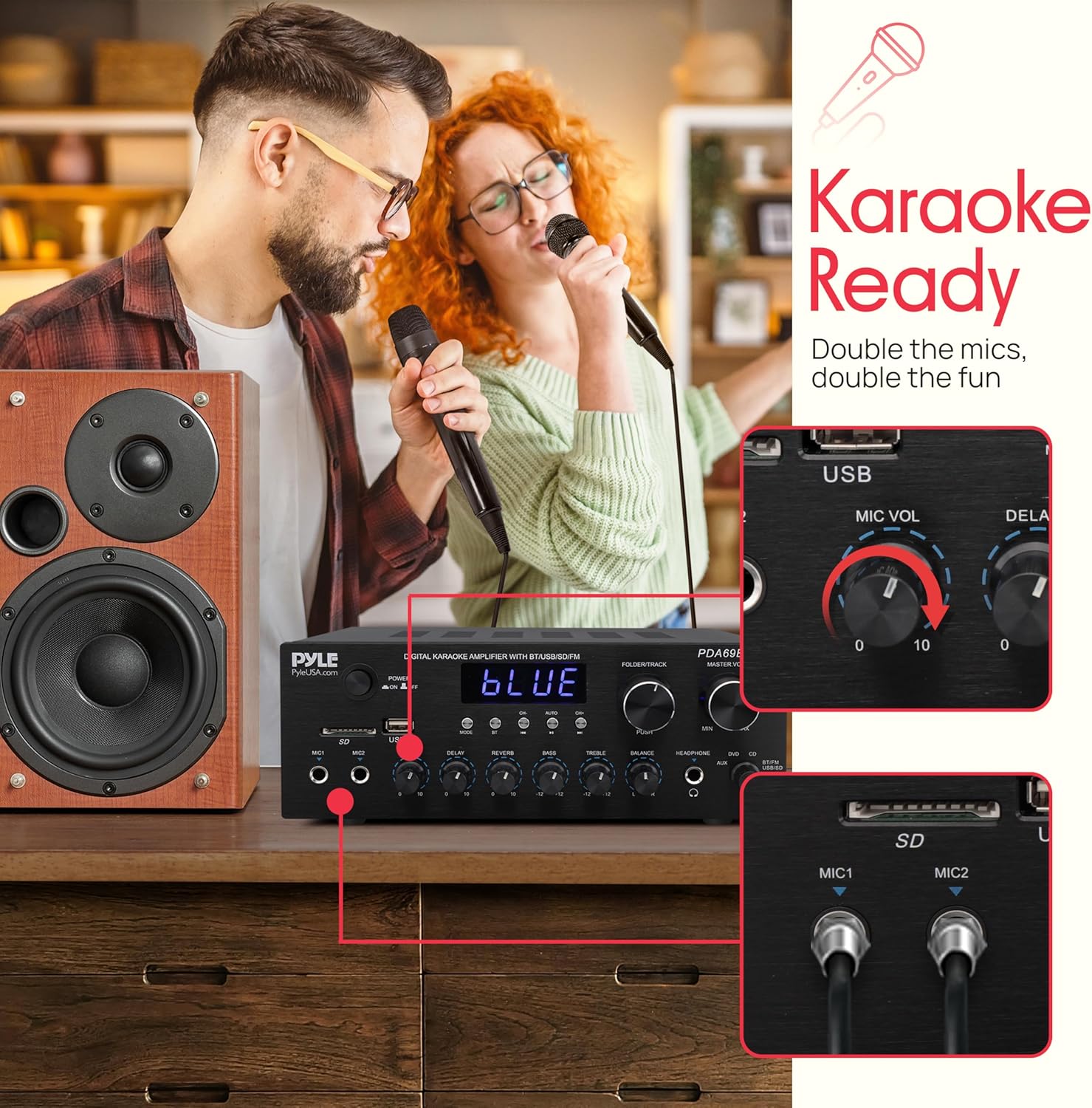 Pyle Stereo Amplifier Audio Receiver with Remote Control - Bluetooth Streaming, MP3/USB/SD/FM Radio, 2.0 Channel HiFi Sound System with RCA/Aux Inputs, Microphone & Headphone Jacks, Adjustable Bass - Image 5