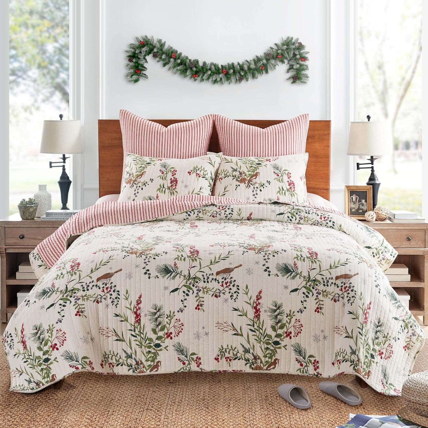 Levtex Home - Winterberry Forest Christmas Quilt Set - King/Cal King Holiday Quilt 106x92 and Two King Pillow Shams 20x36 - Green, Red, Grey and Cream - Reversible - Cotton/Polyester - Image 5