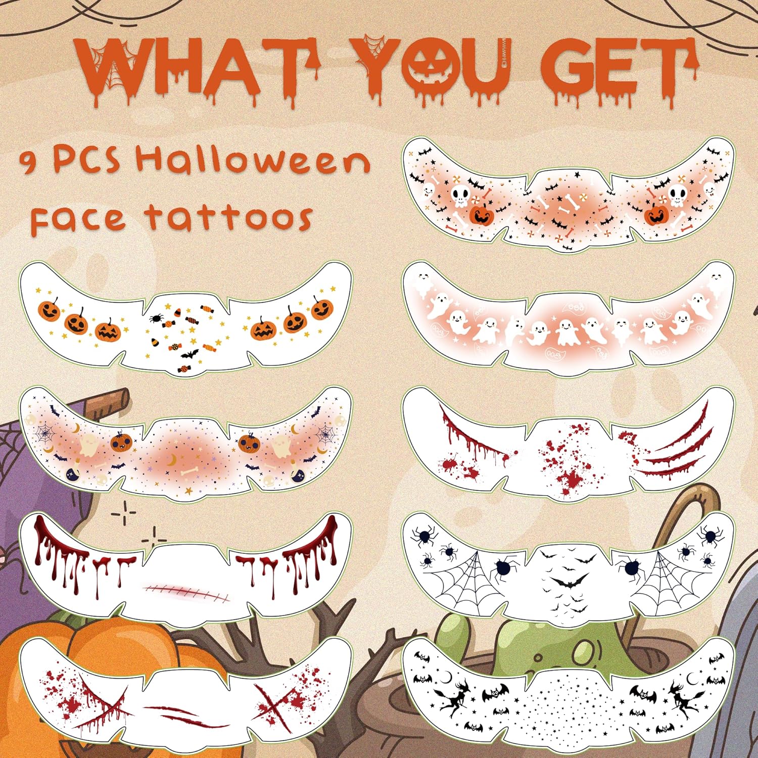 Halloween Party Favors - 9 Pack Black Bat Freckles Face Tattoos | Halloween Games Gifts Crafts Treats for Kids - Halloween Makeup Costumes Accessories Party Decorations Supplies for Women Adult 2025 - Image 2