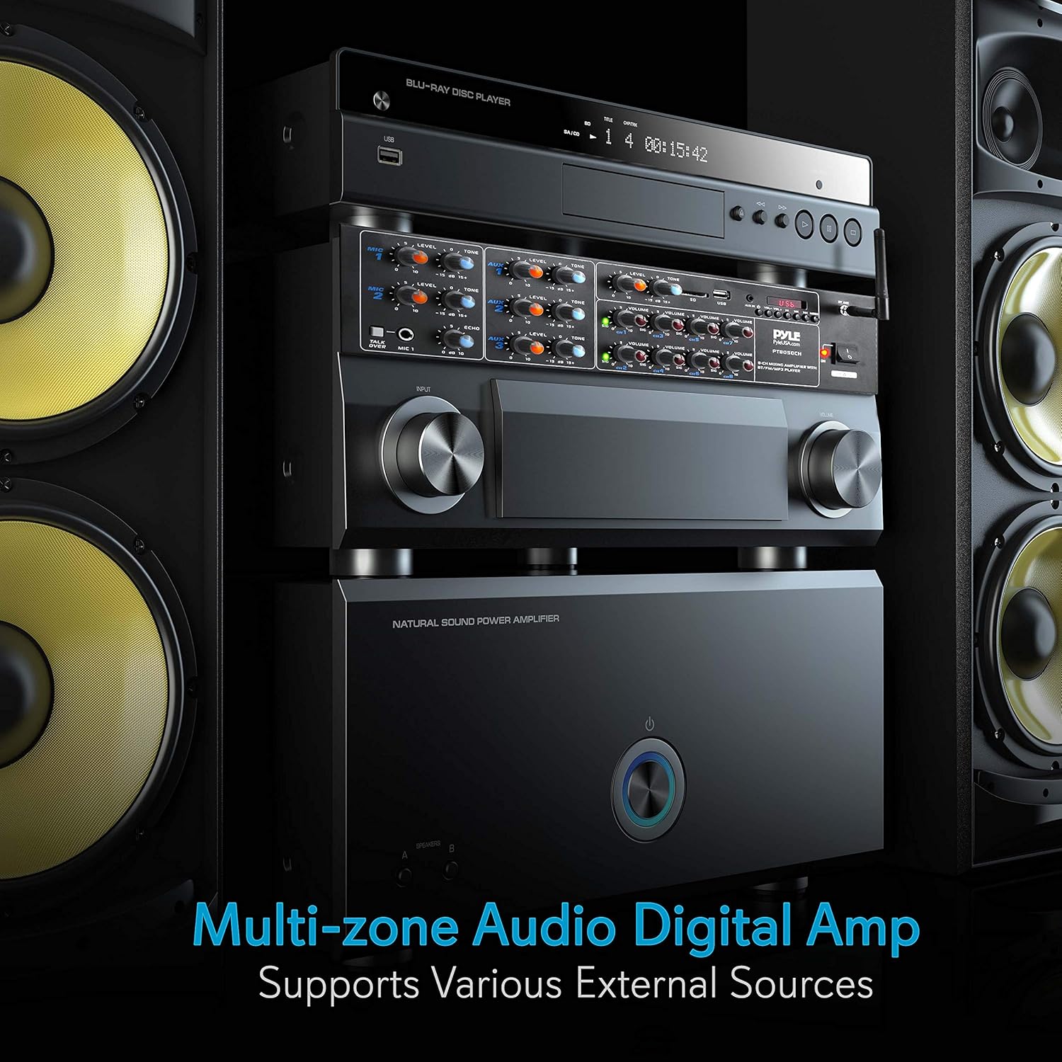 Pyle 8-Channel Wireless Bluetooth Power Amplifier - 4000W Rack Mount Multi Zone Sound Mixer Audio Home Stereo Receiver Box System w/ RCA, USB, AUX - For Speaker, PA, Theater, Studio/Stage - PT8050CH - Image 5