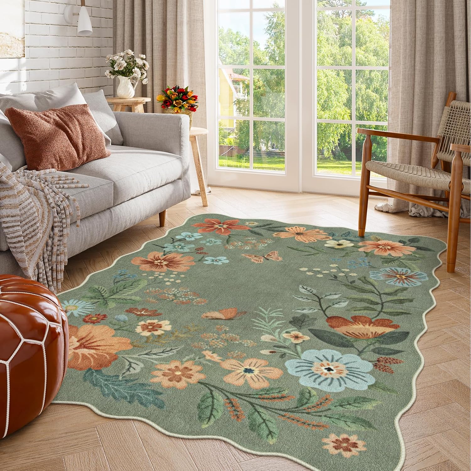Lahome Floral Washable Rugs, 4X6 Rug for Bedroom Ultra-Thin Soft Dining Room Rug, Non-Slip Living Room Rugs Stain Resistant Boho Rug Lightweight Low-Pile Throw Rug for Office (4x6ft,Green) - Image 3