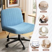 SUNLEI Cross Legged Office Chair with Wheels, Armless Wide Chair's for Vanity Desk, Criss Cross Comfy Chairs with Back, Desk Chair/s of Height Adjustable Swivel, Blue - Image 5