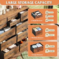 WLIVE Fabric Dresser for Bedroom with 10 Drawers, Chest of Drawers with Side Pockets and Hooks, Sturdy Metal Frame, Drawers Organizer Unit for Living Room, Hallway, Rustic Brown Wood Grain Print - Image 5