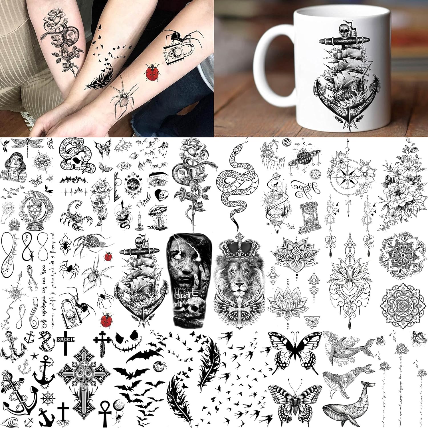 64 Sheets Long Lasting Flower Temporary Fake Tattoos For Women Arm Neck, Jellyfish Sunflower Moon Rose For Adults Girl, 3D Temp Realistic Snake Tatoo Stickers Serpent Peony Floral Kids - Image 5
