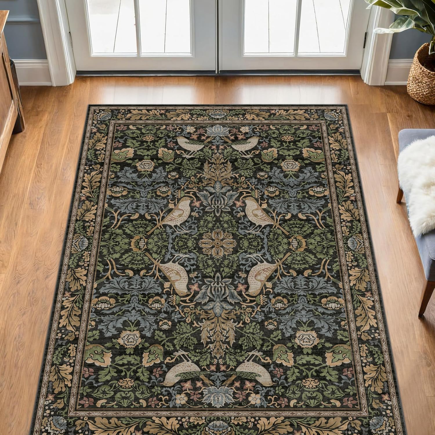 Vintage Floral Area Rug 5x7 for Living Room - Dark Green Forest Bird Rugs for Bedroom, Dinning Room, Office, Non Slip Stain Resistant Low Pile - Image 8