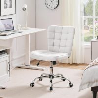 Yaheetech Armless Desk Chair Modern Tufted Office Chair Faux Leather Upholstered Computer Chair with Adjustable Seat Height and Rolling Wheels for Home/Office, White - Image 2