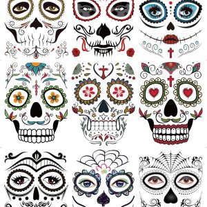 DaLin 9 Sheets Floral Day of the Dead Sugar Skull Temporary Face Tattoos for Halloween