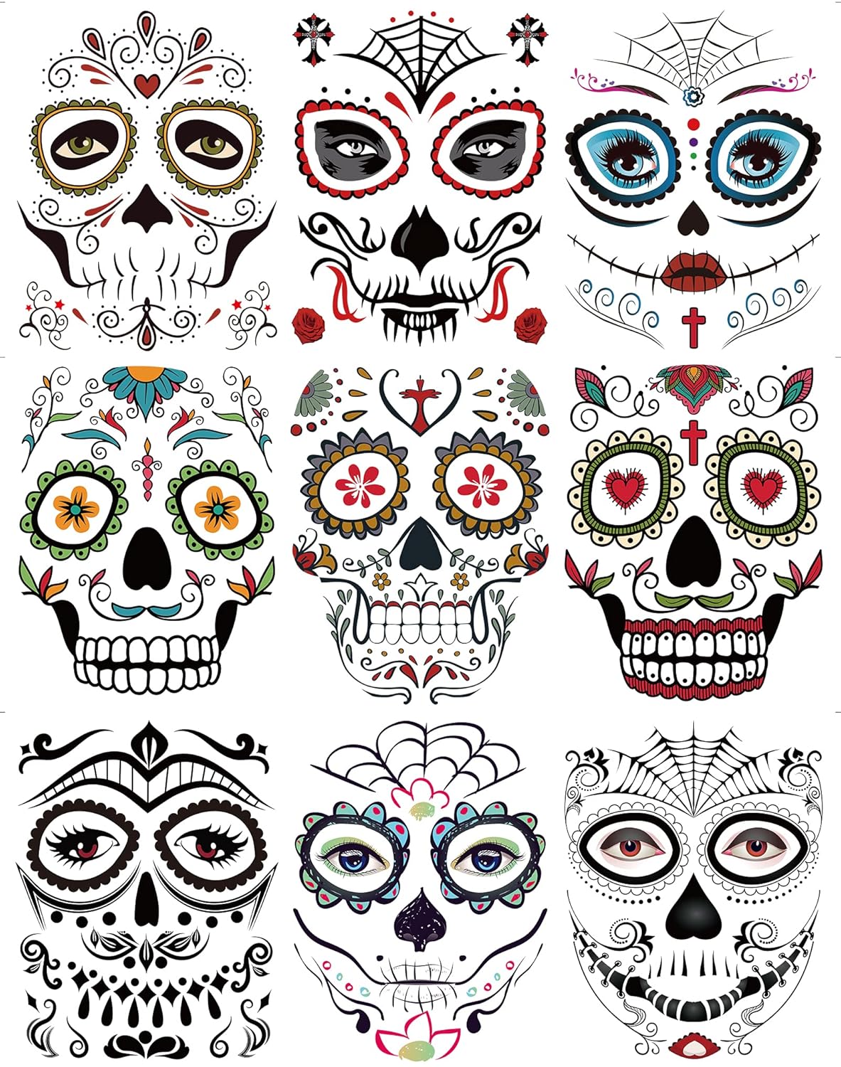 DaLin 9 Sheets Floral Day of the Dead Sugar Skull Temporary Face Tattoos for Halloween