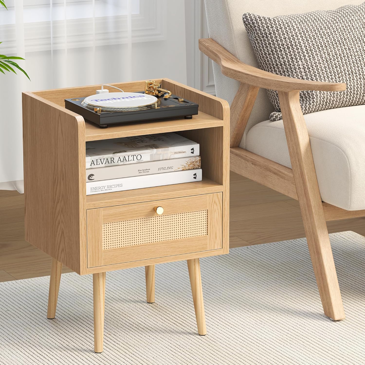 Night stand Set of 2, Bedside Tables with Charging Station, Rattan End Tables, Boho Bed Side Tables, Wood Nightstands set of 2 for Kids' Room Farmhouse Bedroom Living Room Dorm Sofa Couch (Natural) - Image 7