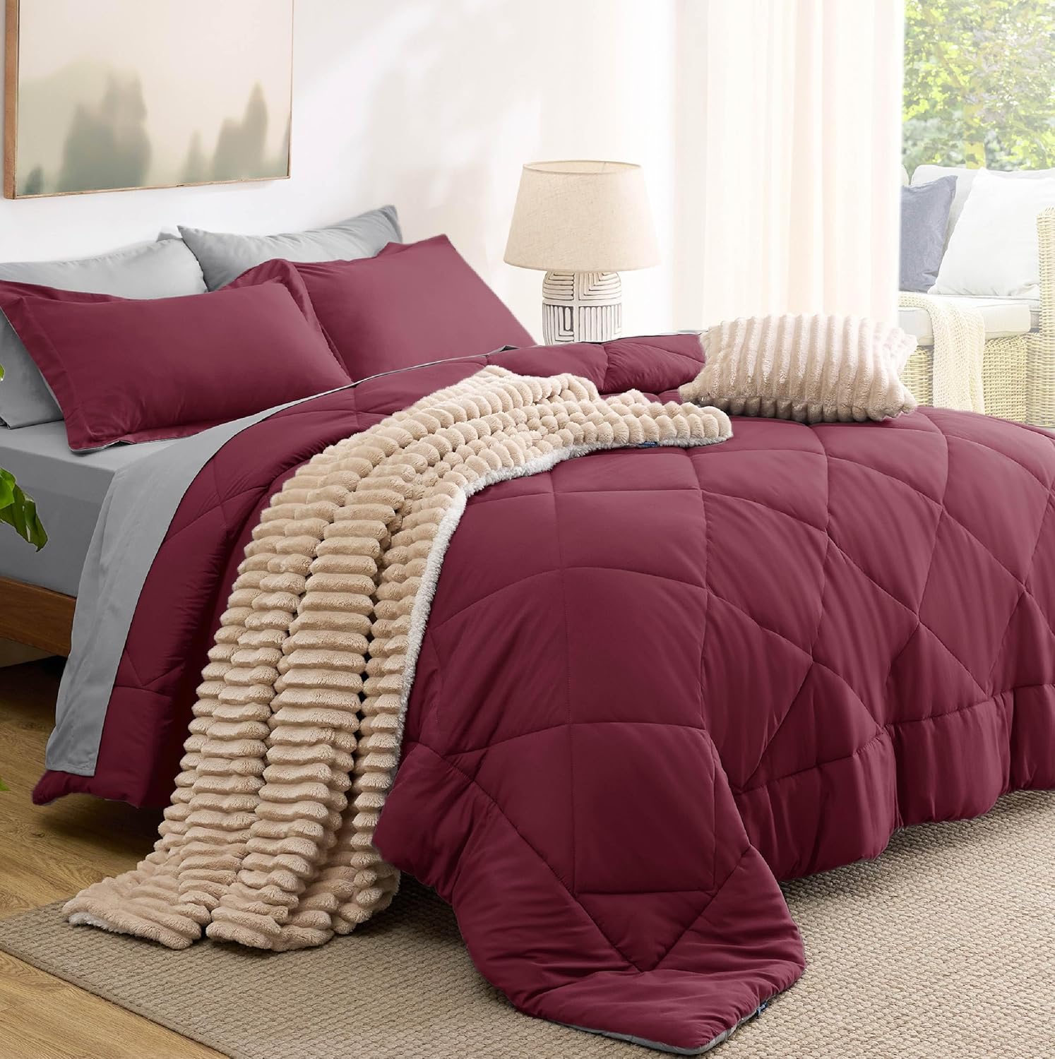 Bedsure Queen Comforter Set - 7 Pieces Reversible Burgundy Bedding, Queen Size Bed Set for All Seasons, Bed in a Bag with Down Alternative Comforter, Sheets, Pillowcases & Shams - Image 7