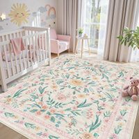 5x7 Pink Floral Nursery Rug,Pink Rugs for Bedroom Girls,Machine Washable Non Slip Soft Faux Wool Carpet,Cute Boho Indoor Area Rugs for Kids Room or Playroom - Image 6