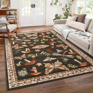 Mushroom Washable Rug 5x7 Area Rugs for Living Room, Insect Print Rug for Bedroom, Non Slip Throw Carpet with Rubber Back, Soft Low Pile Dining Room, Brown