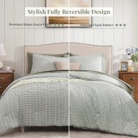 Queen Comforter Set - 7 Pieces Green Gauze Muslin Bedding Sets for All Seasons, Lightweight Breathable Bed in a Bag Queen with Revesible Farmhouse Comforter, Sheets, Pillowcases & Shams - Image 2