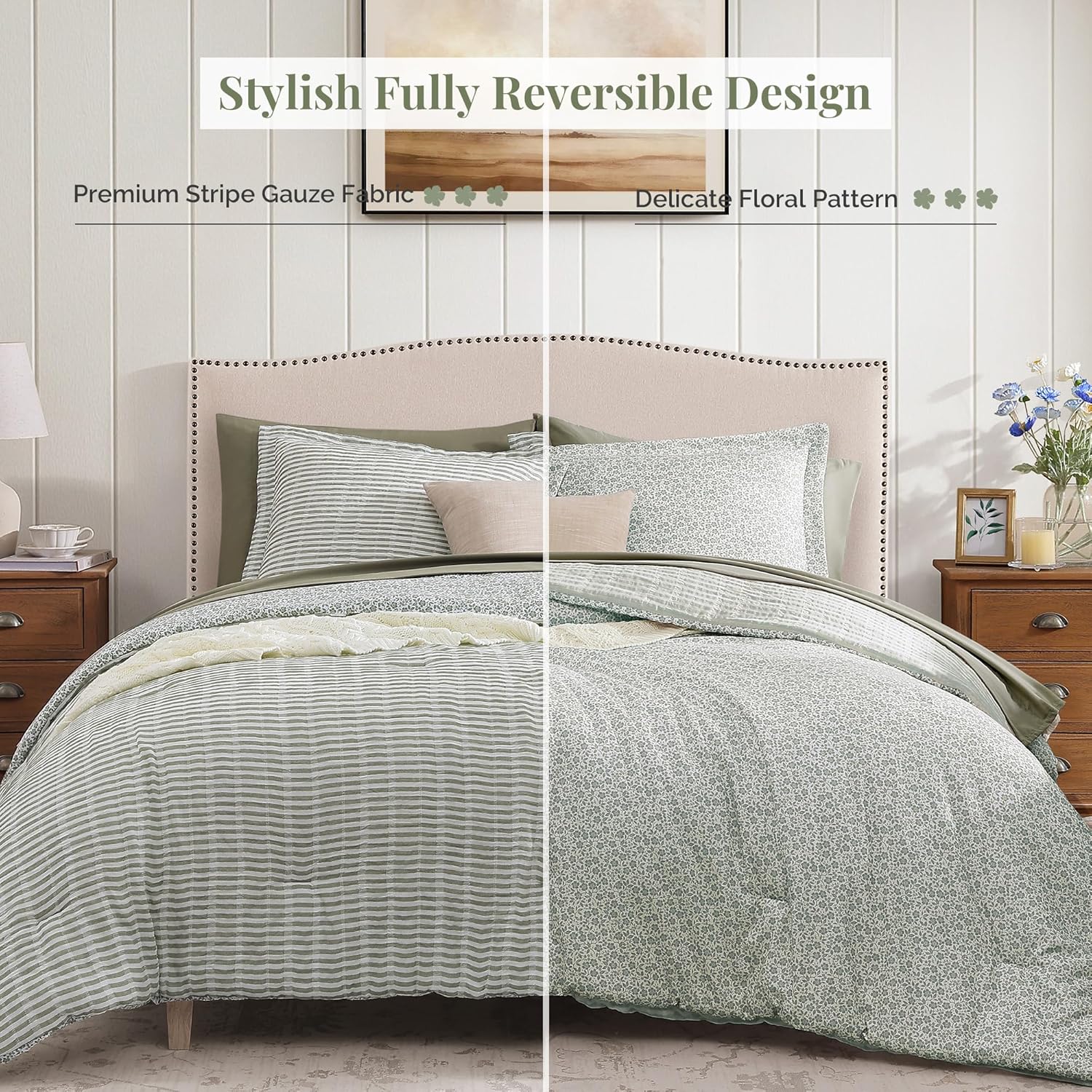 Queen Comforter Set - 7 Pieces Green Gauze Muslin Bedding Sets for All Seasons, Lightweight Breathable Bed in a Bag Queen with Revesible Farmhouse Comforter, Sheets, Pillowcases & Shams - Image 2