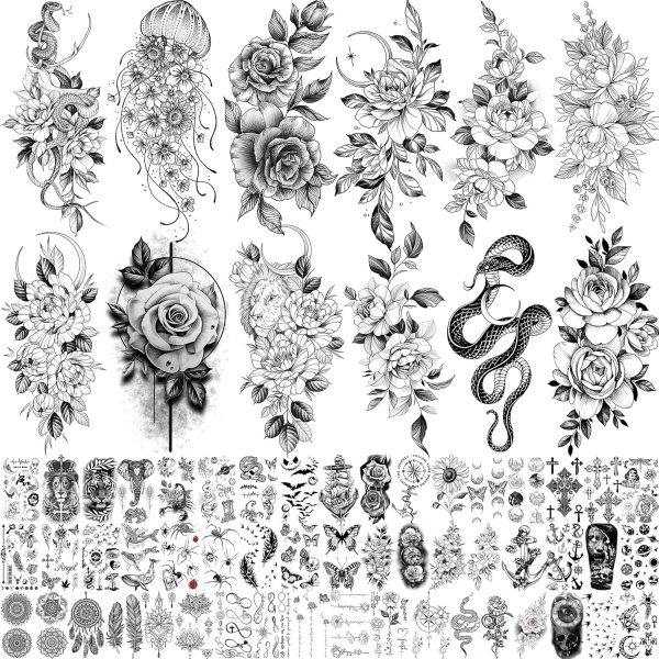 64 Sheets Long Lasting Flower Temporary Fake Tattoos For Women Arm Neck, Jellyfish Sunflower Moon Rose For Adults Girl, 3D Temp Realistic Snake Tatoo Stickers Serpent Peony Floral Kids