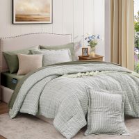 Queen Comforter Set - 7 Pieces Green Gauze Muslin Bedding Sets for All Seasons, Lightweight Breathable Bed in a Bag Queen with Revesible Farmhouse Comforter, Sheets, Pillowcases & Shams - Image 9