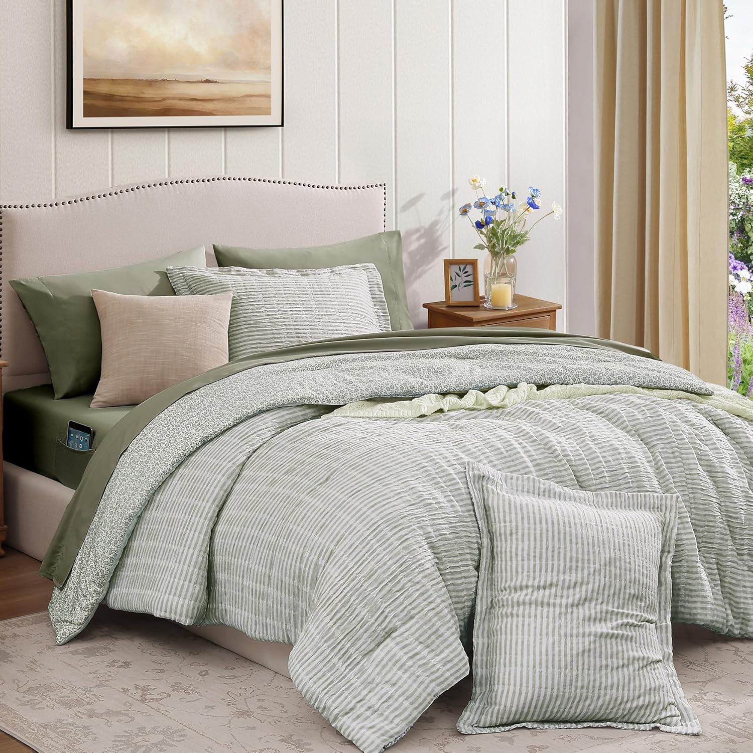 Queen Comforter Set - 7 Pieces Green Gauze Muslin Bedding Sets for All Seasons, Lightweight Breathable Bed in a Bag Queen with Revesible Farmhouse Comforter, Sheets, Pillowcases & Shams - Image 9