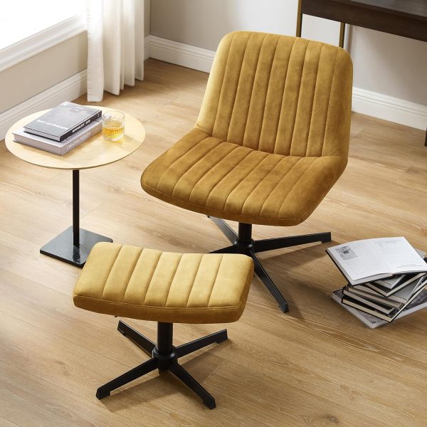 Art Leon Criss Cross Chair - with Footstool and Lumbar Pillow, Armless Office Desk Chair No Wheels, Modern Swivel Height Adjustable Wide Seat Computer Task Vanity Chair, Yellow Brown Velvet Tufted