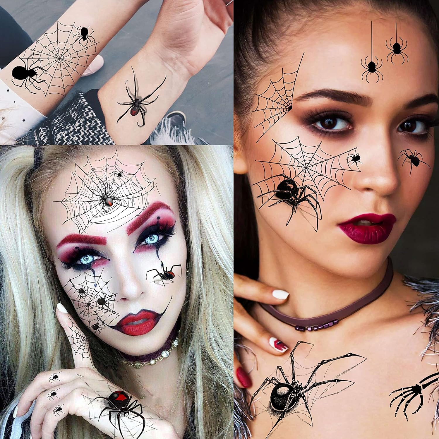 COKTAK 8 Sheets Large 3D Spider Web Temporary Tattoos Halloween Makeup Kit For Women Adults Realistic Witch Bat Zombie Fake Face Tattoos Sticker For Kids Men Adults Scary Halloween Decals Spiderweb - Image 2